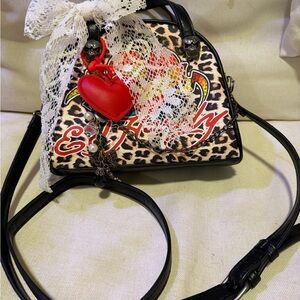 Ed Hardy Leopard Print Crossbody Bag with Lace and Heart Charm